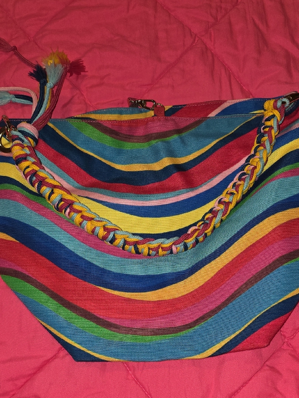 RED Valentino Multicolor Striped Tote with Pink Logo Patch